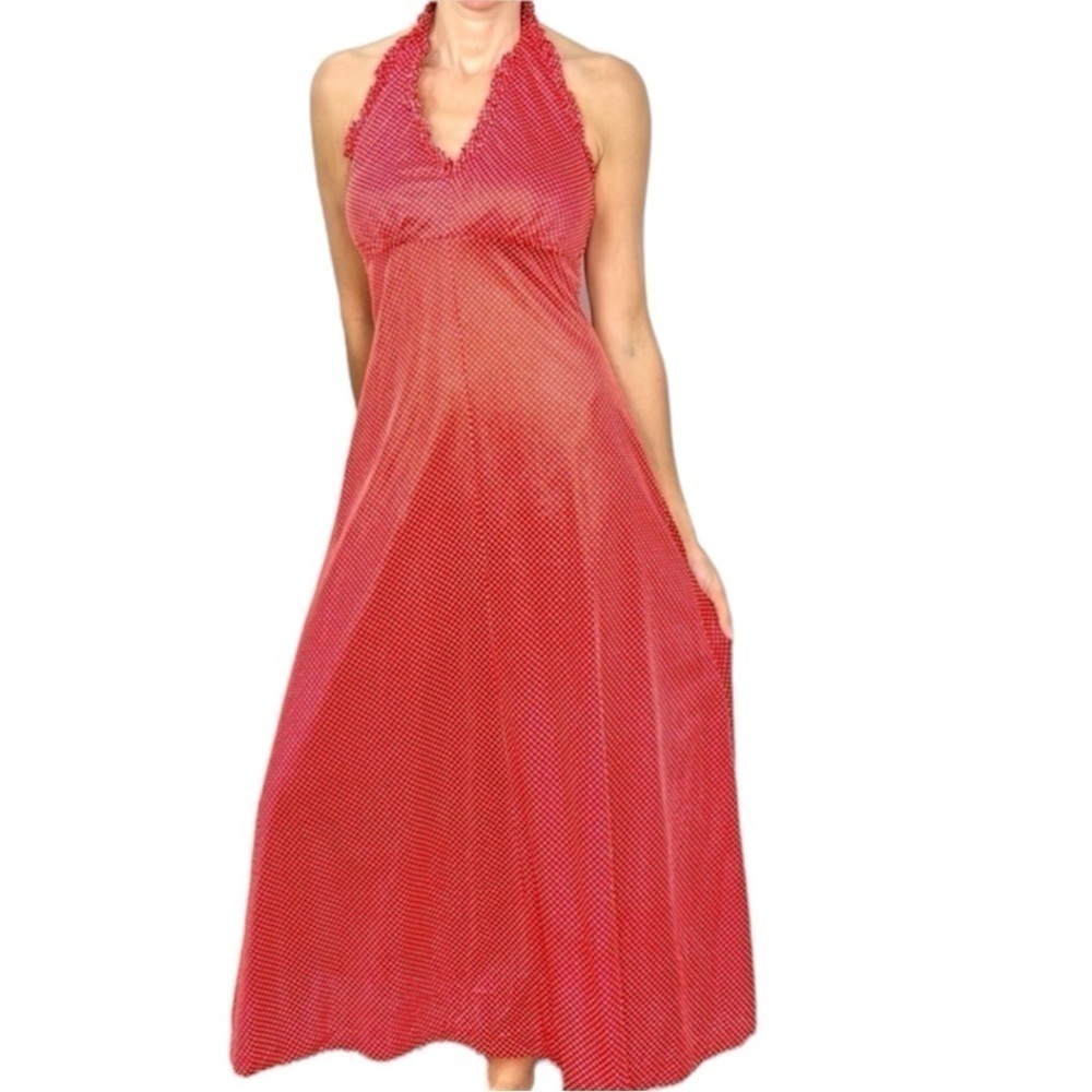 Vintage Red White Dot Ruffle Halter Maxi Dress